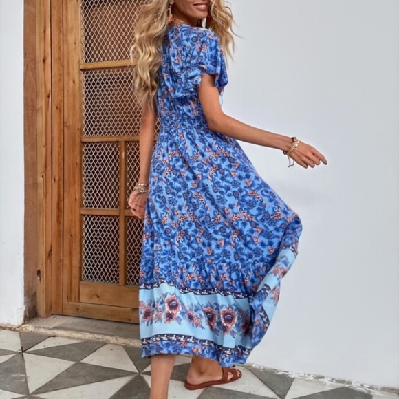 boho blue floral print v neck button ruffle dress - Picture 2 of 8